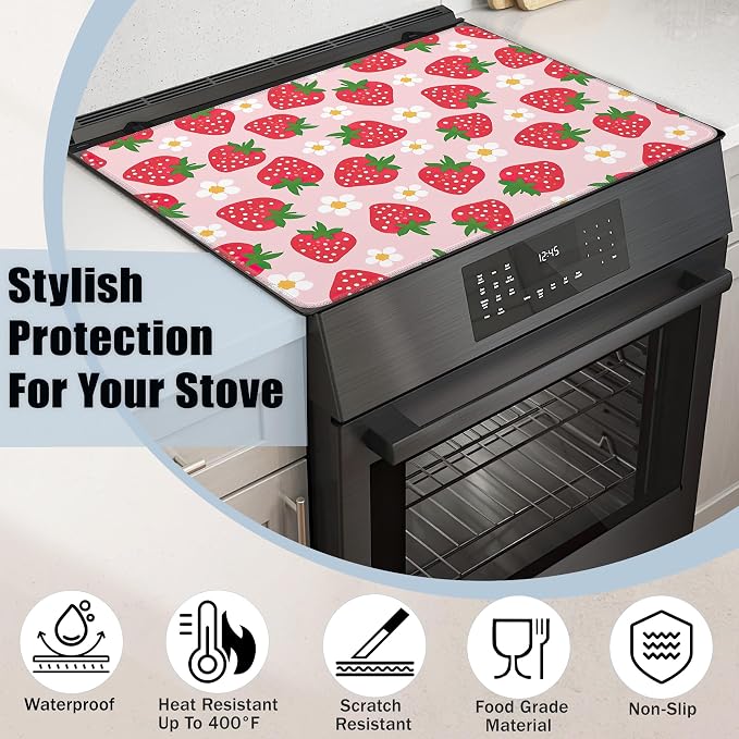 Sweet Strawberry Glass Top Stove Cover Protector,Lovely Flower Stove Top Covers for Electric Stove,Washable Heat Resistant Cooktop Mat Anti-Slip Range Covers, 28 x 20 Inch