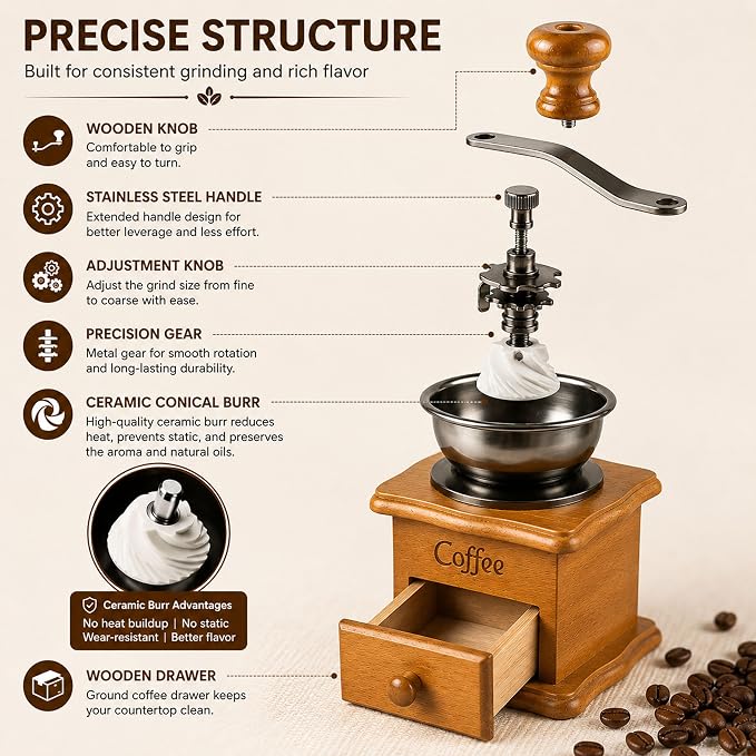 Vintage Wooden Manual Coffee Grinder, Hand Crank Coffee Mill with Ceramic Burr, Adjustable Grind Settings, Retro Coffee Bean Grinder for Home Use, Kitchen Decor, Gift for Coffee Lovers