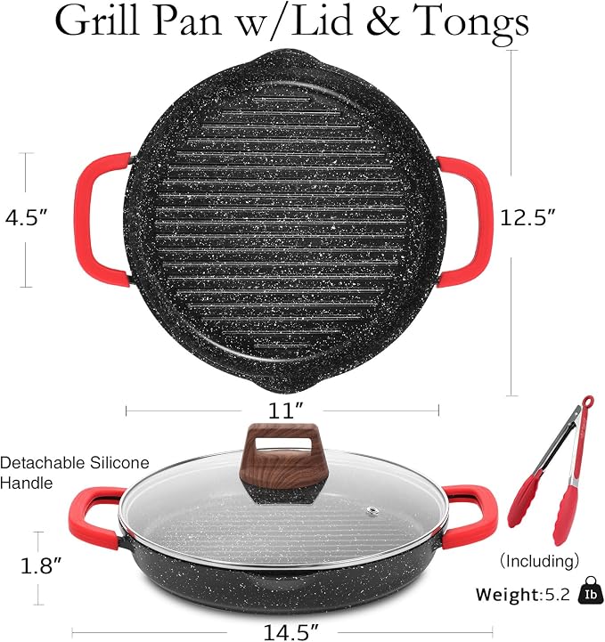 ESLITE LIFE Nonstick Grill Pan with Lid & Tongs for Stove Tops, 11 Inch Versatile Round Big Grilling Steak Pan with Pour Spouts for Indoor & Outdoor Cooking, PTFE & PFOA Free, Black