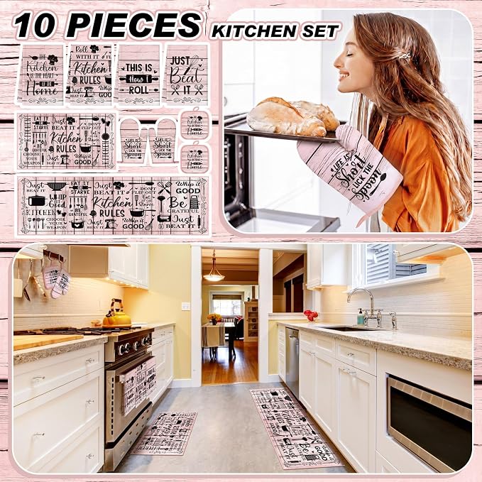 Fourluoo 10 Pcs Pink Kitchen Decor Set Pink Woodgrain Dish Towels Kitchen Rugs Oven Mitts and Pot Holders Farmhouse Decor for Cooking Baking Grilling Women Mom Gift