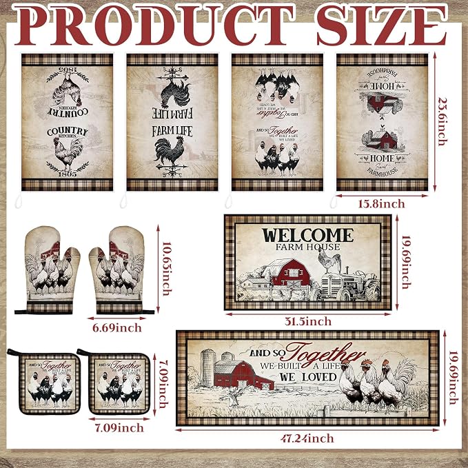 Fourluoo 10 Pcs Barn Chicken Kitchen Dish Towels Rugs Oven Mitts and Pot Holders Set Farmhouse Kitchen Decor Set for Women Mom Daughter Gift Cooking Baking Grilling (Retro Color)