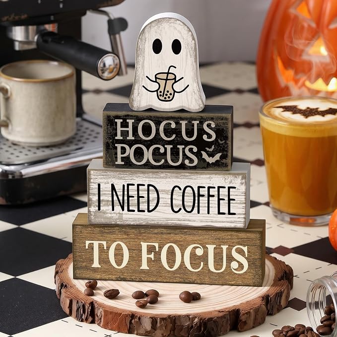 Lineshading 4 Pcs Wooden Tiered Tray Decor Ghost Coffee Block Signs | Farmhouse Tabletop Decor for Halloween, Coffee Theme Hocus Pocus Humor Blocks, Rustic Gift for Home Styling