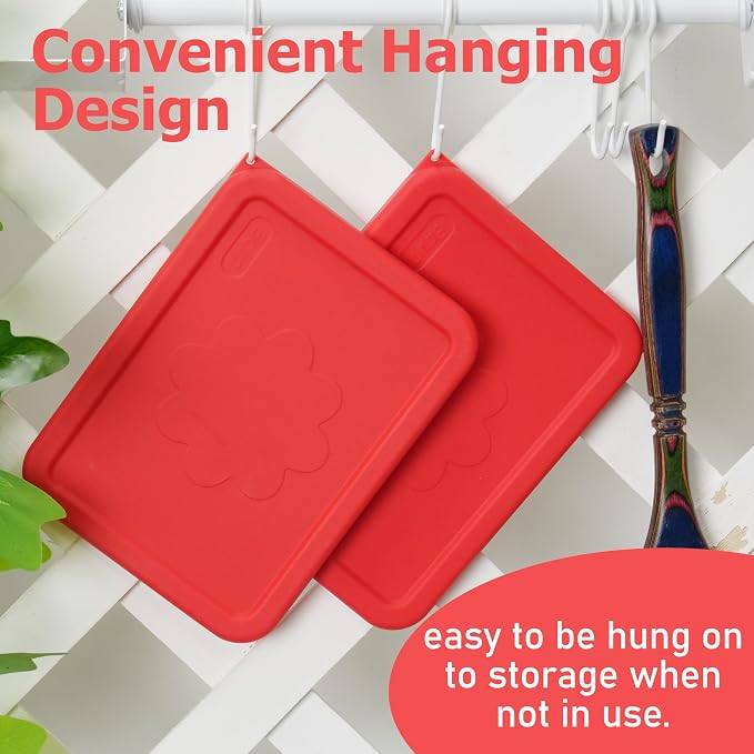 3 Cup Rectangle Silicone Storage Cover Lids Replacement for Pyrex 7210-PC Glass Bowls, (Container not Included) 2 Pack, Microwave, Dishwasher and Freezer Safe (Cherry Red)