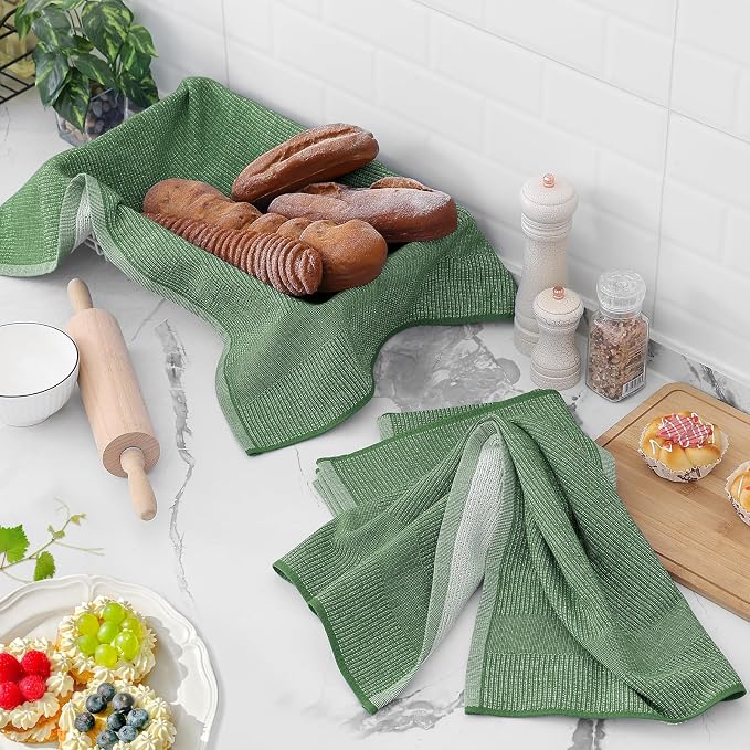 Homaxy 380 GSM Cotton Premium Kitchen Towels 6 Pack, 18"x 28", Grass Green | Flat and Terry Dish Towels, Highly Absorbent Tea Towel Set with Hanging Loop, Soft Utility Kitchen Hand Towels