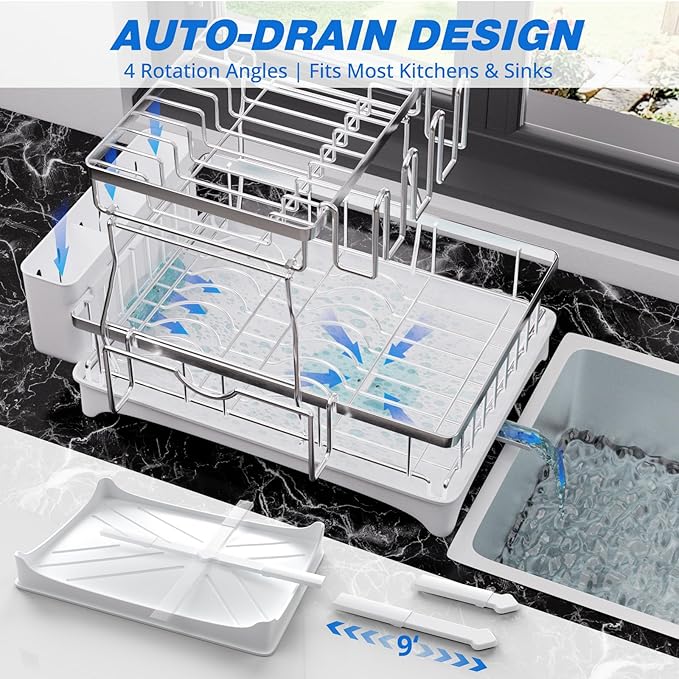 2-Tier Dish Drying Rack - 304 Stainless Steel Dish Rack Auto Drain | Dish Racks for Kitchen Counter, Dish Drainer with Knife Fork & Cup Rack, Gifts for Women, Mothers Day, Kitchen Gadget, Silver