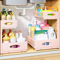 Under Sink Organizer, 2 Tier Pull Out Under Cabinet Organizer Shelf with Pad for Framed Cabinets, Metal Slide Out Under Sink Storage, Mesh Sliding Drawers for Kitchen Bathroom Laundry(Pink, 1 Pack)