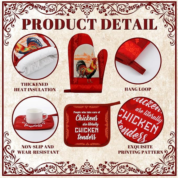 Leinuosen 6 Christmas Red Rooster Farmhouse Kitchen Decor Dish Towels Oven Mitts and Pot Holders Sets Chicken Kitchen Towels Absorbent Decorative Accessories for Cooking Baking Grilling