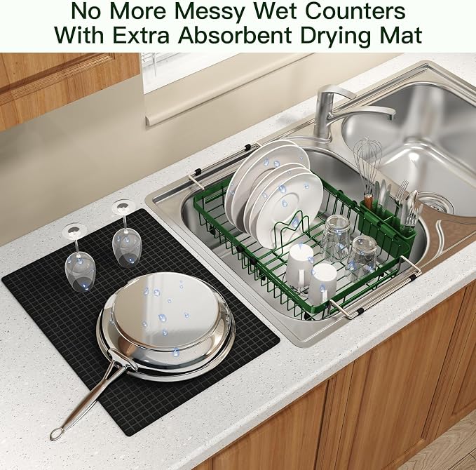 Green Dish Drying Rack Over The Sink with Utensil Holder, Mat | Expandable Stainless Steel Dish Drainer for Small Kitchen, Apartment, RV, Counter Space Saving, Perfect Fit, Rustproof