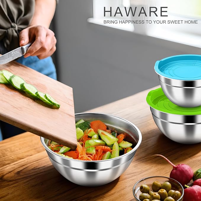 HaWare Mixing Bowls with Airtight Lids, 6-Piece Stainless Steel Salad Bowls | Strong Nesting Bowls for Cooking, Prepping, Baking, Serving & Food Storage, Stackable Design, Size 4.6, 3, 1.5QT, Colorful