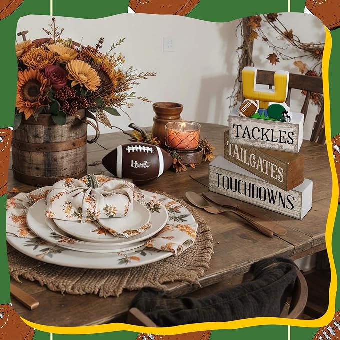 Lineshading 4 Pcs Fall Football Table Decor, Wood Block Sign Home Shelf | Football Table Centerpiece for Tiered Tray, Rustic Sport Game Wooden Block for Fans Club Tailgate Birthday Party Decor