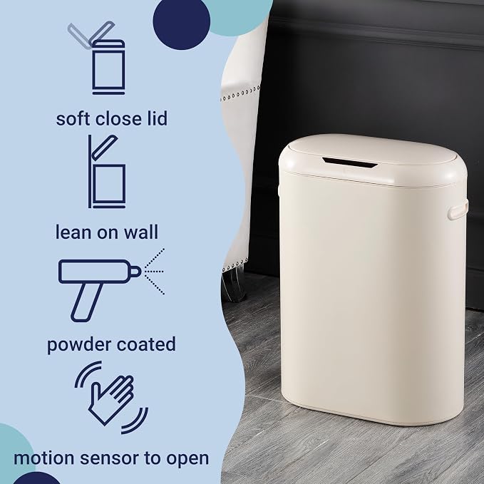 happimess 13.2 Gal Oval Motion Sensor Trash Can, Limestone Beige | Oval, Motion Sensor, Touch Mode, Soft Close Lid, Powder Coated Iron, 17.7" W x 9.84" D x 24.2" H