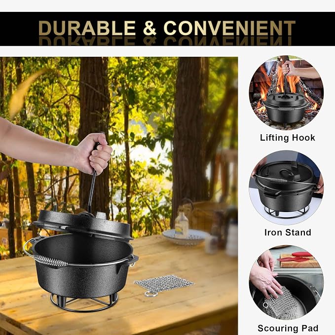 Joyfair Pre-seasoned Cast Iron Camp Dutch Oven with Accessories, 5QT Pot | Open Fire Camping Cookware with 2QT Skillet Lid For Outdoor Campfire Cooking - Baking Sourdough Bread, Oven Safe
