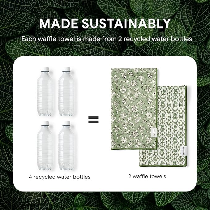 RECYCO Waffle Kitchen Towel Set of 2 - Quick Dry Microfiber Sustainable Dish Towels - Ultra Absorbent Reusable Cleaning Tea Towels - Lightweight Hand Towels,16”x 28”, Thyme & Vine