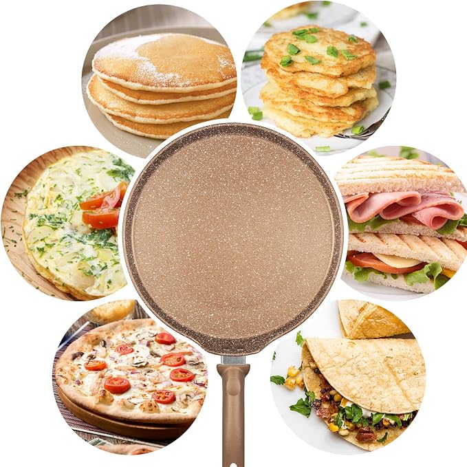 Innerwell 11 Inch Nonstick Crepe Pan,Granite Coated Pancake Pan-Gold | Granite nonstick coating, PFOA-free.Works on gas, electric, ceramic & induction. Easy-release & easy-clean.