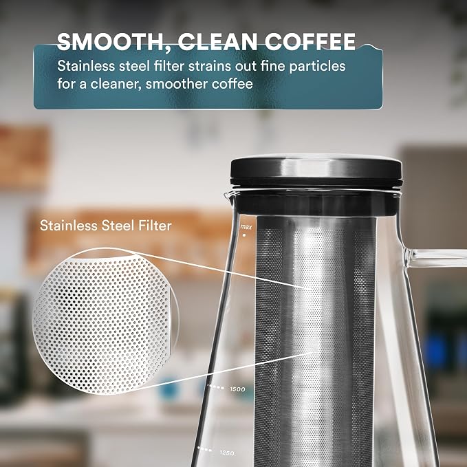 OVALWARE Airtight Cold Brew Coffee Maker with Tea Infuser & Spout 1.5L/51oz | Borosilicate Cold Brew Coffee & Iced Tea Maker with Removable Strainer & Spout | Ideal for Home Baristas & Tea Enthusiasts