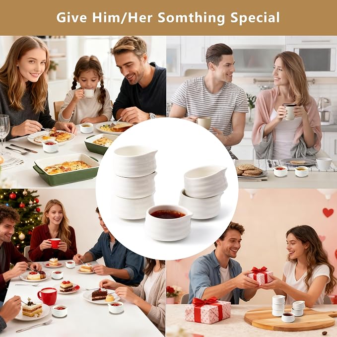 Ceramic Small Sauce Bowls with Spout, White, 3OZ, Set of 6 | Mini Prep Bowls, Small Condiment Dish/Pinch Set for Sushi/Ketchup/BBQ, Dishwasher & Oven Safe, Easy to Clean