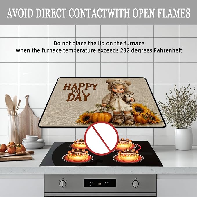 Fall Pumpkin Electric Stove Top Cover, Cute Doll & Owl Heat Resistant Glass Stove Top Cover for Electric Stove – Thanksgiving Day Glass Cooktop Protector Expands Usable Space