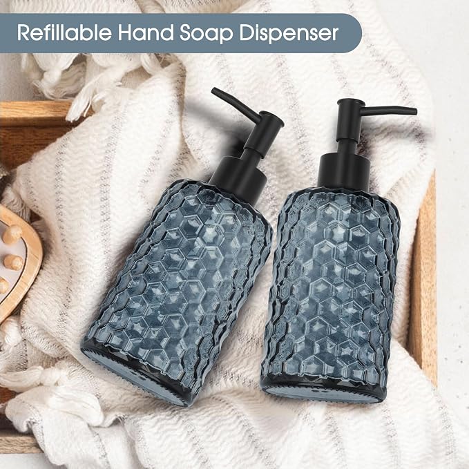 Topsky Glass Soap Dispenser with Plastic Pump, 475ml Liquid Hand Soap Dispenser, Rustproof Pump for Kitchen & Bathroom, Great for Lotions, Essential Oil, Liquid Soaps (Grayish Blue)