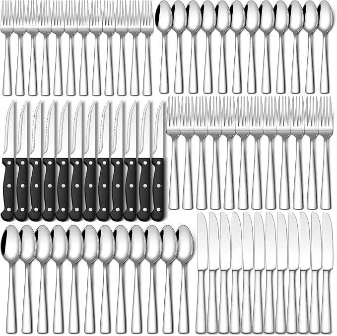 Stapava 72-Piece Silverware Set with Steak Knives, Food-Grade Stainless Steel Flatware Set for 12 Mirror Polished Cutlery Utensil Sets Include Forks Spoons and Knives Set Dishwasher Safe