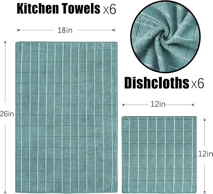 Puomue Microfiber Kitchen Towels and Dishcloths Set, 26 X 18 Inch and 12 X 12 Inch, Set of 12 Bulk Lint Free Dish Towels for Drying Dishes, Lake Blue