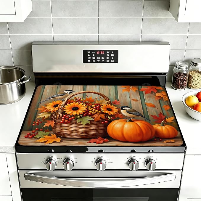 Fall Flowers Pumpkin Glass Top Stove Cover Protector,Cute Bird Stove Top Covers for Electric Stove,Washable Heat Resistant Cooktop Mat Anti-Slip Range Covers, 28 x 20 Inch