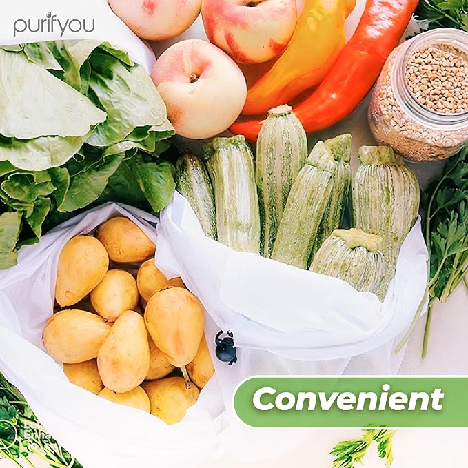 purifyou Set of 3 Premium Reusable Produce Bags, Washable Farmers Market Bags for Fruits, Vegetables, Groceries, Kitchen Storage, Home Storage, Toy Organizer, Lightweight Mesh Bags (12x14in)