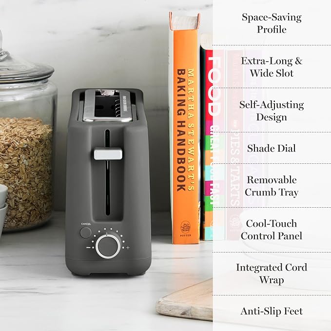 Martha Stewart 2 Slice Long Slot Toaster, Extra Wide, Caviar Gray | 10 Shade Settings, 10” Wide Slot, Sourdough, Bagels, Artisan Bread & Waffles, Smart Centering, Removable Crumb Tray