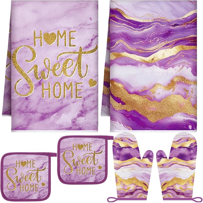 Bencailor 6 Pcs Purple Kitchen Decor Marble Dish Towels Oven Mitts and Pot Holders Modern Purple Marble Kitchen Set for Baking Cooking Grilling Cleaning Supply Accessories