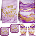 Bencailor 6 Pcs Purple Kitchen Decor Marble Dish Towels Oven Mitts and Pot Holders Modern Purple Marble Kitchen Set for Baking Cooking Grilling Cleaning Supply Accessories