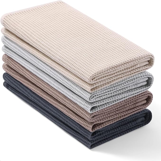 Homaxy 100% Cotton Waffle Weave Kitchen Towels, 4 Pack | Soft and Absorbent Dish Towels, 16 x 26 Inches Quick Dry Hand Towels, Beige/Dark Grey/Brown