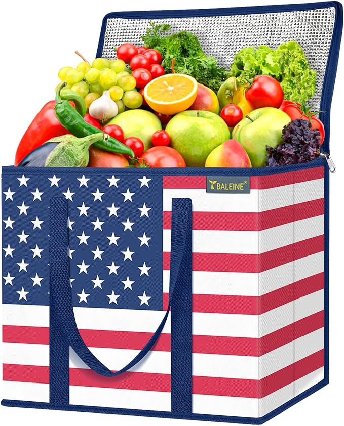 BALEINE 1PK Insulated Reusable Grocery Bag, Heavy Duty Shopping Tote | Foam & Foil Insulation, 9" Long Handles, Reinforced Bottom Keeps Upright, Fold Flat Storage, Water-Resistant Shopping Bag