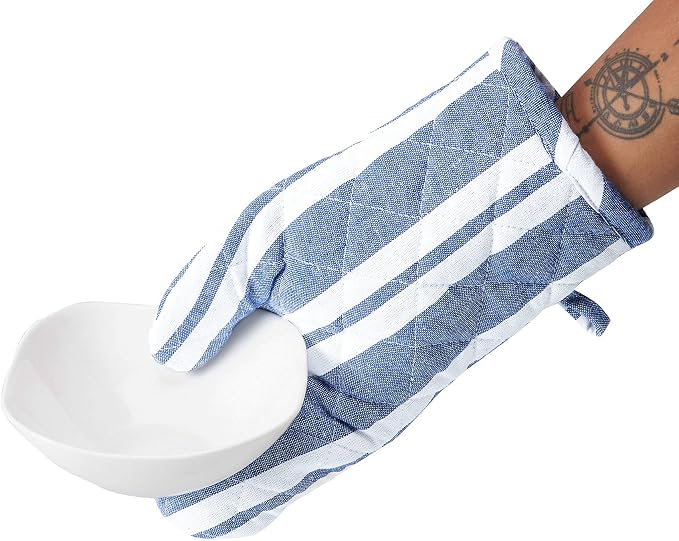 Encasa XO Oven Mitts, Heat Resistant Kitchen Gloves, Microwave | Franca Blue Stripes, 100% Cotton | Diamond Quilted Insulation | Pot Holders | Hanging Loop | Barbecue & Grill | Set of 2
