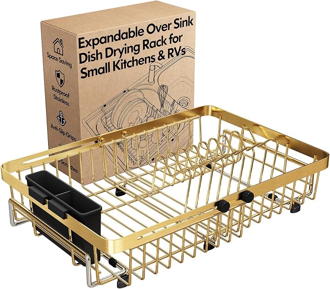 Gold Dish Drying Rack Over The Sink with Utensil Holder | Expandable Stainless Steel Dish Drainer for Small Kitchen, Apartment, RV, Counter Space Saving, Perfect Fit, Rustproof