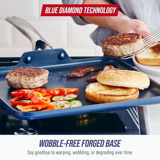 Blue Diamond 11" Diamond Infused Ceramic Nonstick Square Griddle Pan, Blue | PFAS-Free Ceramic Nonstick, Dishwasher & Oven Safe, Stay Cool Handle, Durable Metal Utensil Safe, Pancake Pan