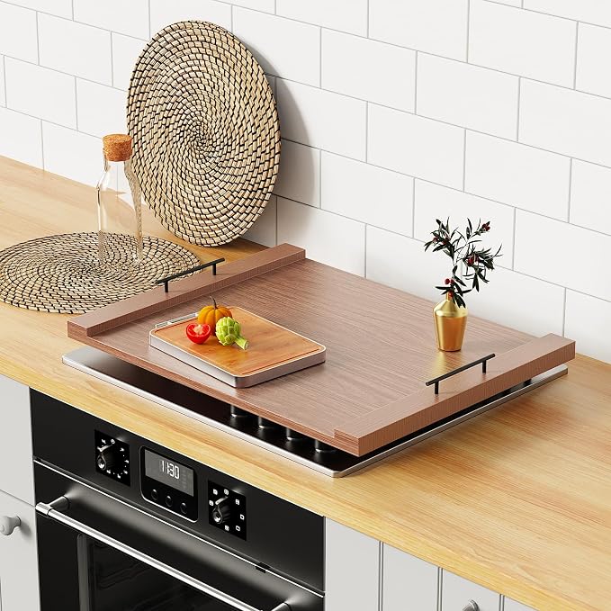 Walnut-colored Wood Noodle Board Stove Cover with Handles - 30x22 Large Stove Top Covers for Gas Burners, Decorative Wooden Stove Topper for Electric Range, Extra Counter Space for Farmhouse