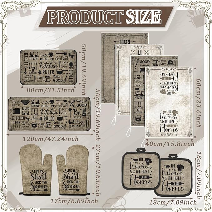 Fourluoo 10 Pcs Attractive Style Kitchen Dish Towels Rugs Oven Mitts and Pot Holders Set Farmhouse Kitchen Decor Set for Women Mom Daughter Gift Cooking Baking Grilling (Rustic Farmhouse)
