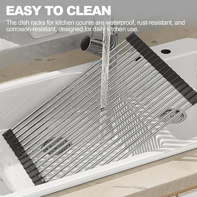 NEZUIBAN Dish Drying Rack with Roll Up and Over Sink for Kitchen,20.5"x13.8",Black