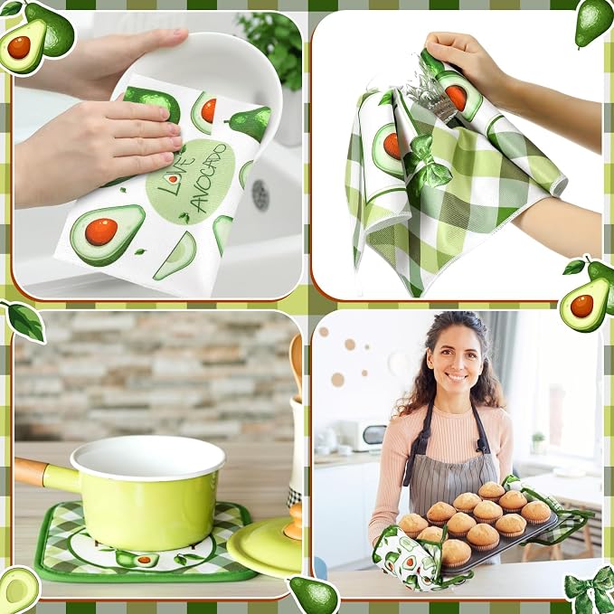 Fourluoo 10 Pcs Avocado Farmhouse Kitchen Decor Set Dish Towels Kitchen Rugs Oven Mitts and Pot Holders Set for Cooking Baking Grilling Women Mom Daughter Gift(Green)