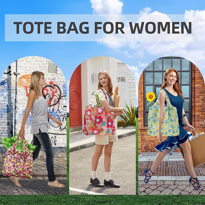 Foldable Reusable Shopping Bags,6 Pack Heavy Duty Tote for Grocery | Lightweight Polyester, machine washable. Compact fold fits in purse. Sturdy 50lb capacity. Great for groceries&travel,Beach