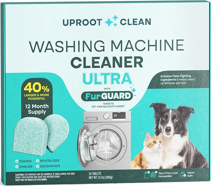 Uproot Clean Washing Machine Cleaning Tablets Ultra 40% Stronger, 24 Pack | HE/Top/Front Load Compatible, 12 Month Supply, Removes Residue, Grime, & Odors, Septic Safe. Formulated for Pet Owners