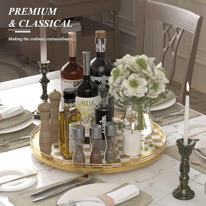 Gold and White Checkerboard Lazy Susan with Rubberwood Base and Metal Rail | Smooth rotating oak tray with walnut finish for dining tables, kitchen counters, pantries and cabinet storage.
