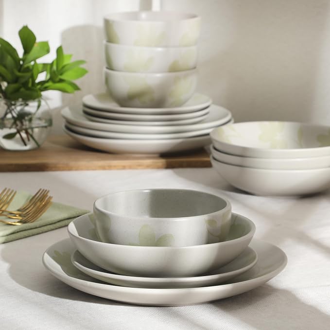 Gibson Home Admiral Hall Plates and Bowls Set, 16-Piece Floral Dinnerware Set, Green Stoneware Dish Set, Dinner Plates, Salad Plates, Pasta Bowls & Cereal Bowls