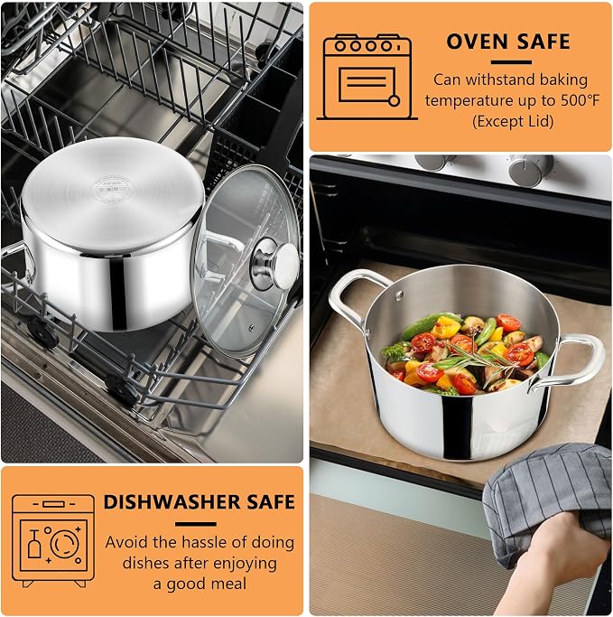 P&P CHEF 4 Quart Tri-Ply Stainless Steel Stock Pot, Cooking Pot with Lid | 4 Qt Stockpot for Soup Pasta Vegetable, Induction Cookware for All Stoves, Sturdy & Double Handle, Oven & Dishwasher Safe