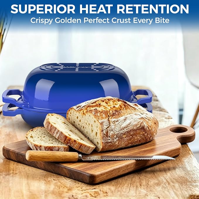 Wildone Enameled Cast Iron Dutch Oven Pot with Lid, Oval Bread Oven | Loaf Cast Iron Bread Pan for Homemade Bread Baking, Meatloaf Pan with Lid, 5.5QT, Blue