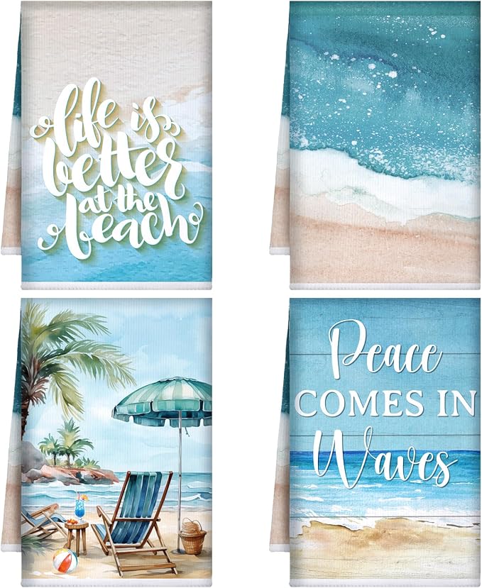 4 Pcs Summer Beach Kitchen Towels Nautical Coastal Hand Towels | Blue Ocean Waves Fast Drying Absorbent Tropical Sea Dish Cloth Housewarming Gift for Home Cooking Kitchen Bathroom