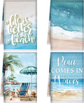 4 Pcs Summer Beach Kitchen Towels Nautical Coastal Hand Towels | Blue Ocean Waves Fast Drying Absorbent Tropical Sea Dish Cloth Housewarming Gift for Home Cooking Kitchen Bathroom