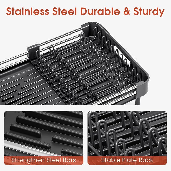 TOOLF Expandable Dish Drying Rack with Cutlery Holder, Standard, Black | Stainless Steel &PP, Extenable 12.6"-18.7"D, Anti-Rust, Auto-Drainage, Space-Saving, Fit for RV, Apartment Sink Countertop