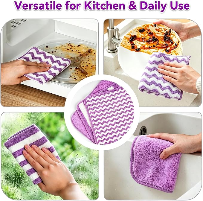 Microfiber Cleaning Cloths, 6 Pack Purple Kitchen Towels | 12x12 Inch, Ultra Soft Absorbent, Lint Free Dish Towels with Hanging Loop, Reusable for Kitchen, Car & Household