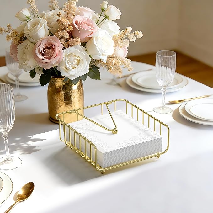 Napkin Holder for Table with Weighted Arm, Dinner Metal Flat Napkin Holders for Paper Napkins, Outdoor Napkin Dispenser Restaurant (Gold)