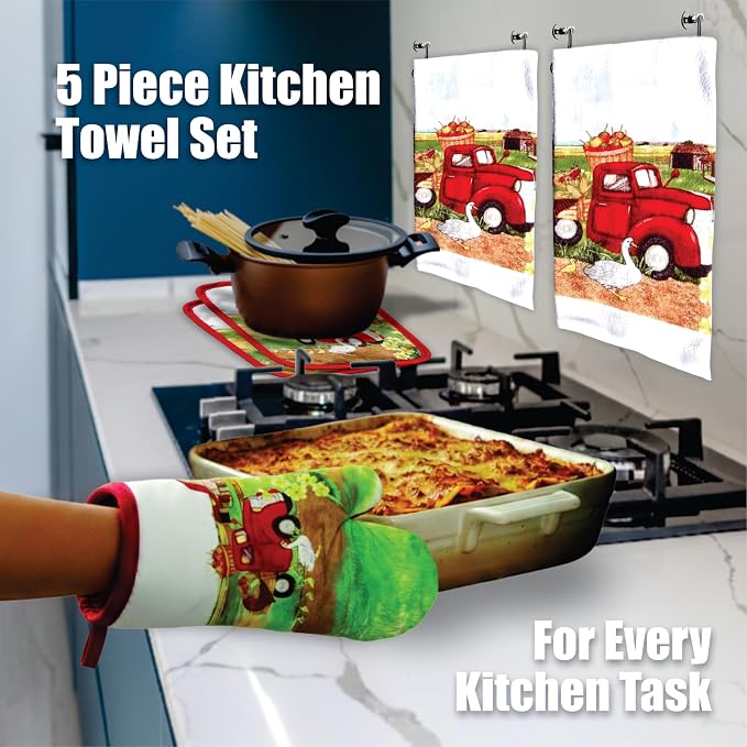 Lobyn Value Pack Vintage Red Truck Design, 5 Piece Set | Kitchen Towel Set with 2 Decorative Dish Towels (25 X15), 1 Oven Mitt (11 X 7) and 2 Potholders (6.5 X 6.5)